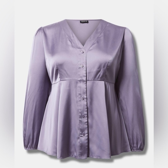 NWT Torrid Satin Peplum Blouse Empire Waist Purple Long Sleeve Button Front Top - Picture 7 of 11